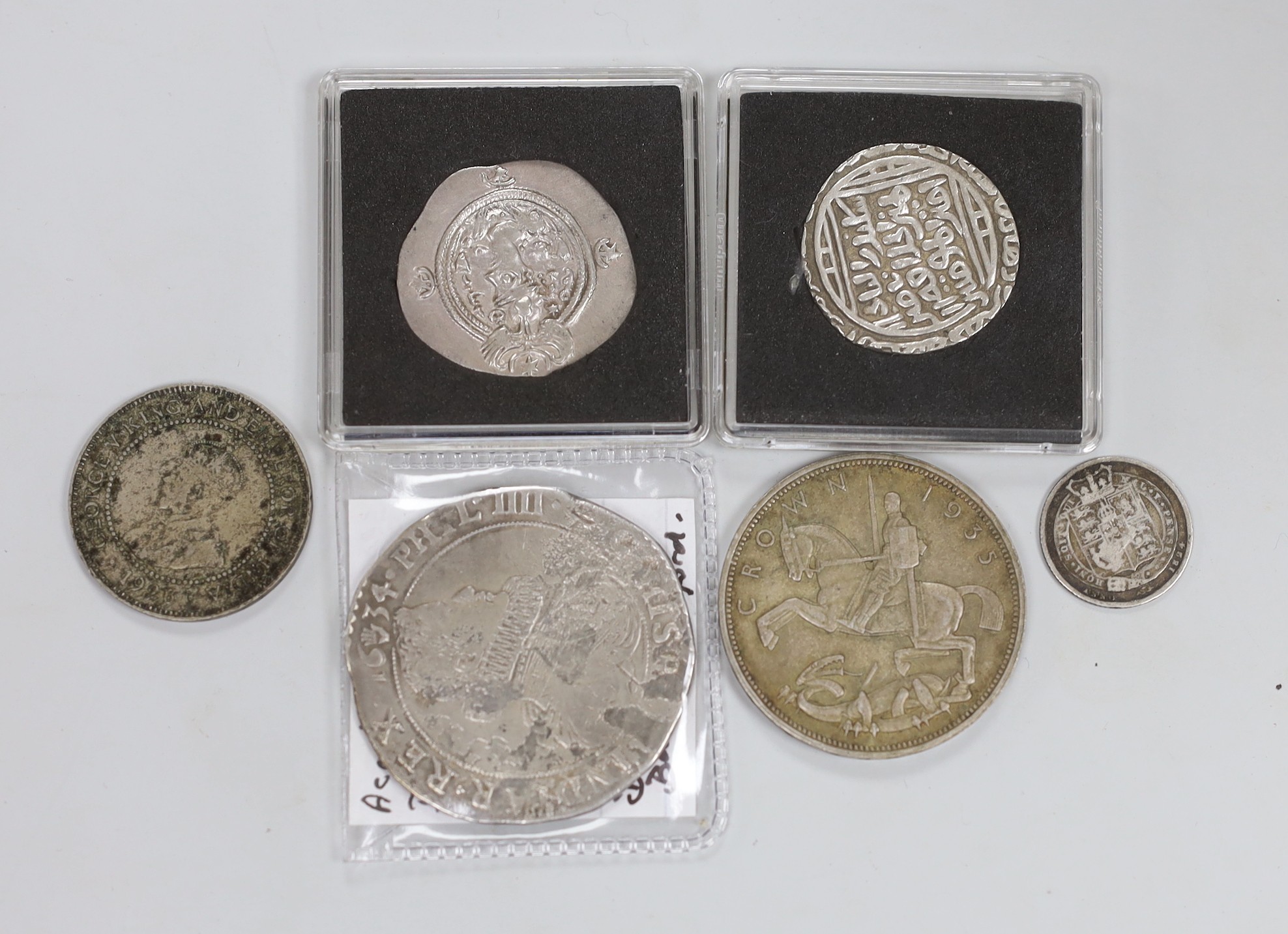 A Spanish ducat and five other silver coins including Arabic
